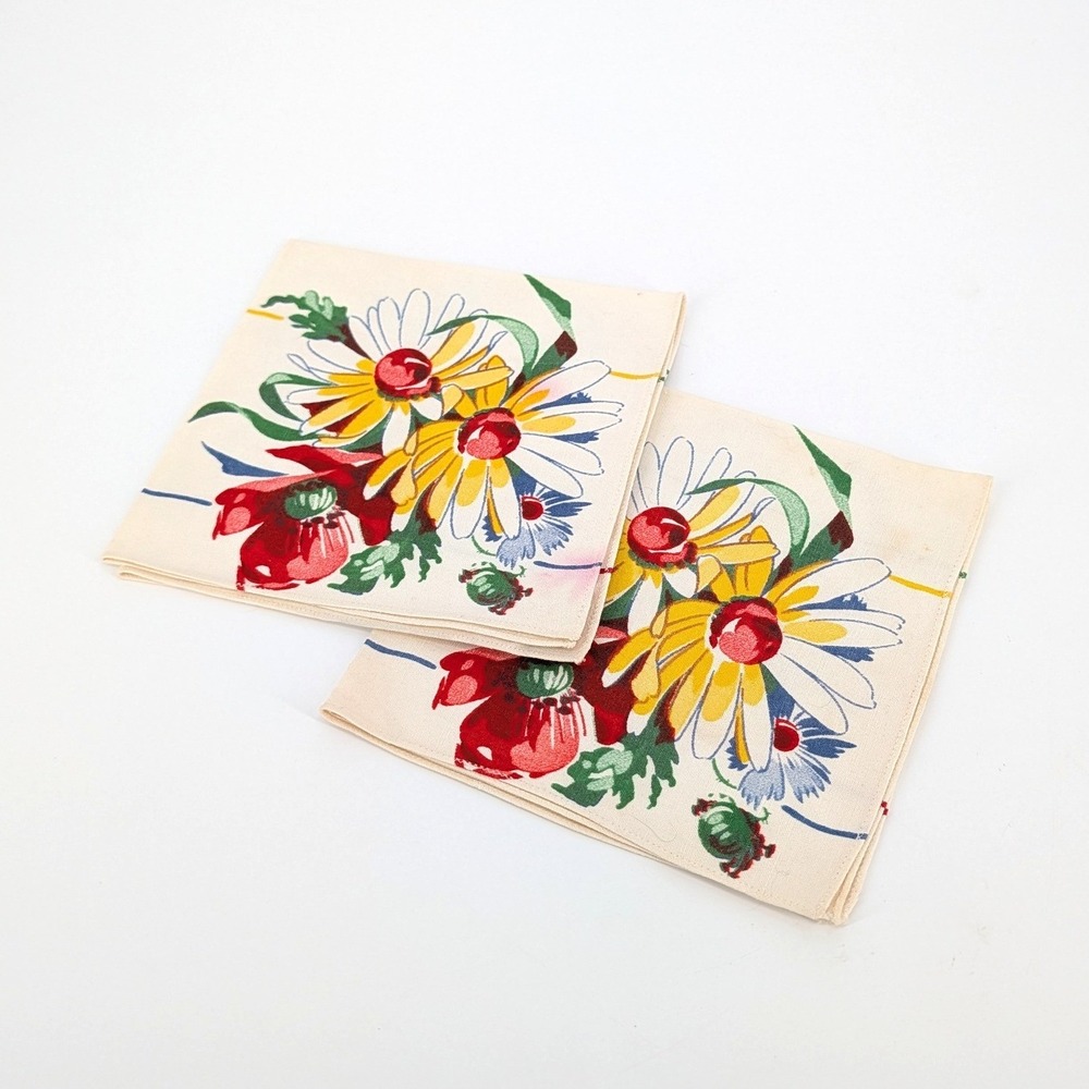 Vintage MCM Floral Cloth Napkins Set of 2 Daisy Poppy Multi-Stripe 16"
